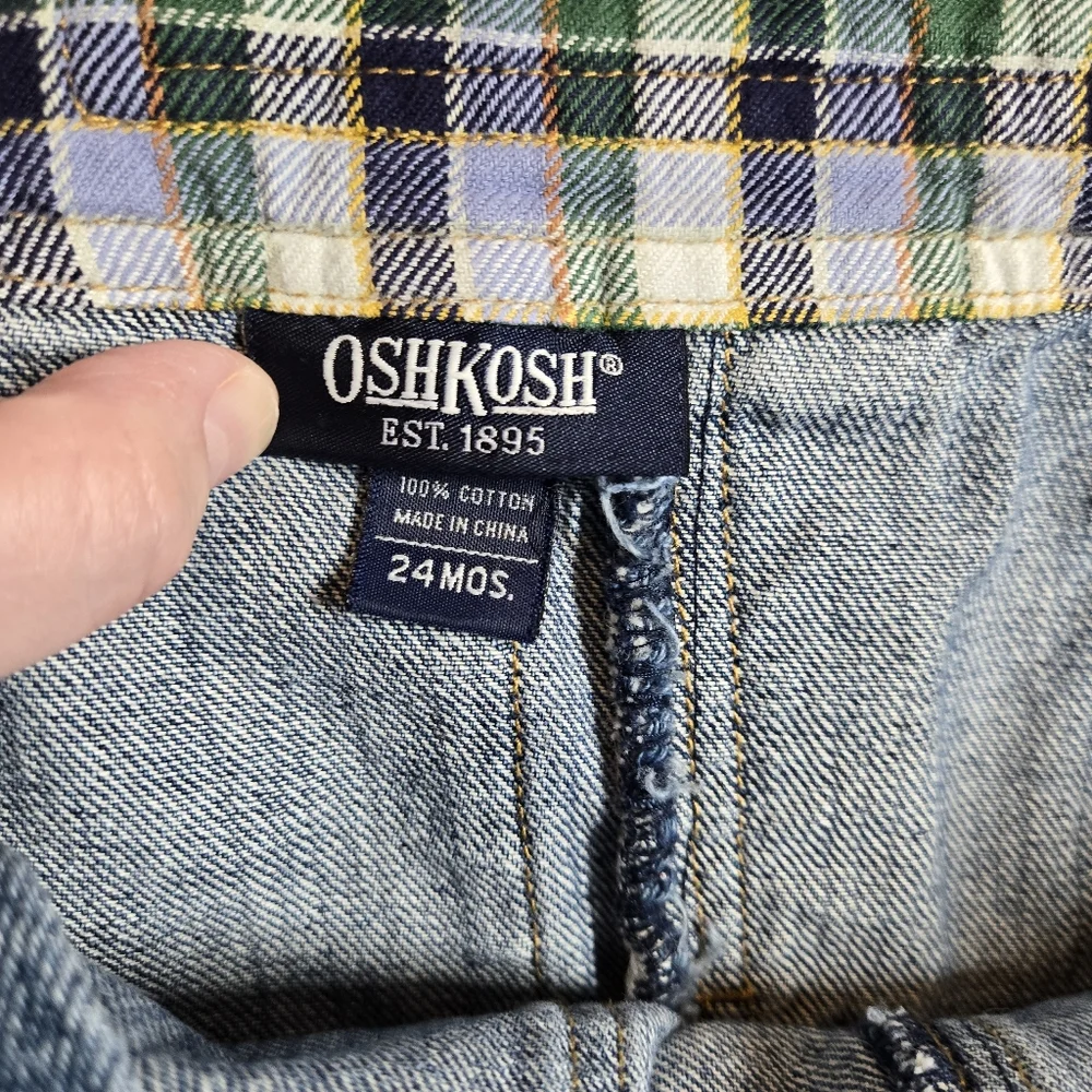 Vintage Oshkosh Denim Overalls Size 24 Months Jeans Cargo Pockets Plaid